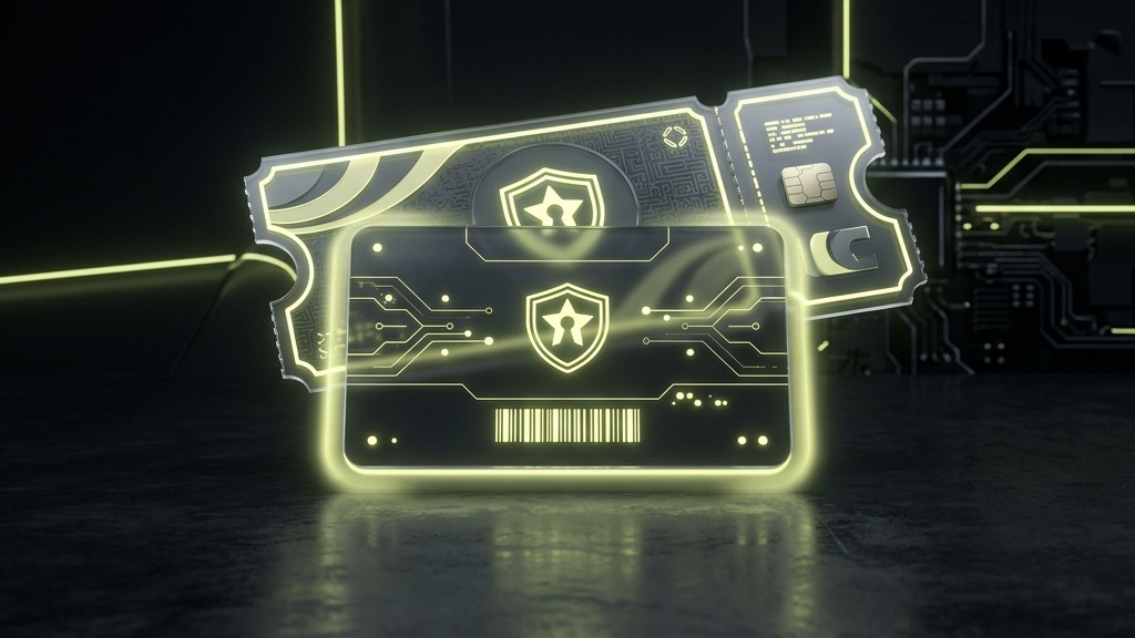 Promo code voucher key card emitting a soft neon-yellow glow.