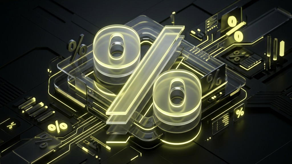 Futuristic welcome package with overlapping translucent percentage symbol layers.