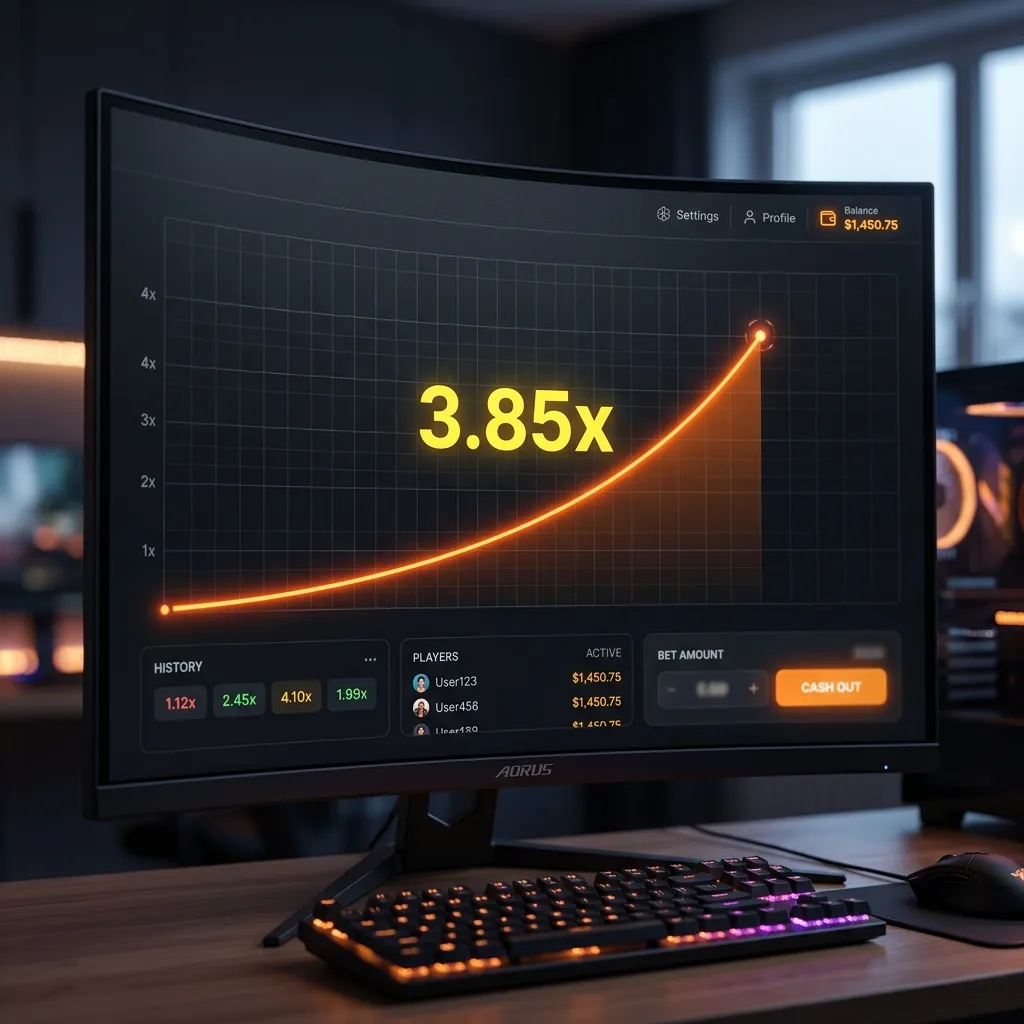 Online crash game interface on a curved desktop monitor displaying a rising multiplier