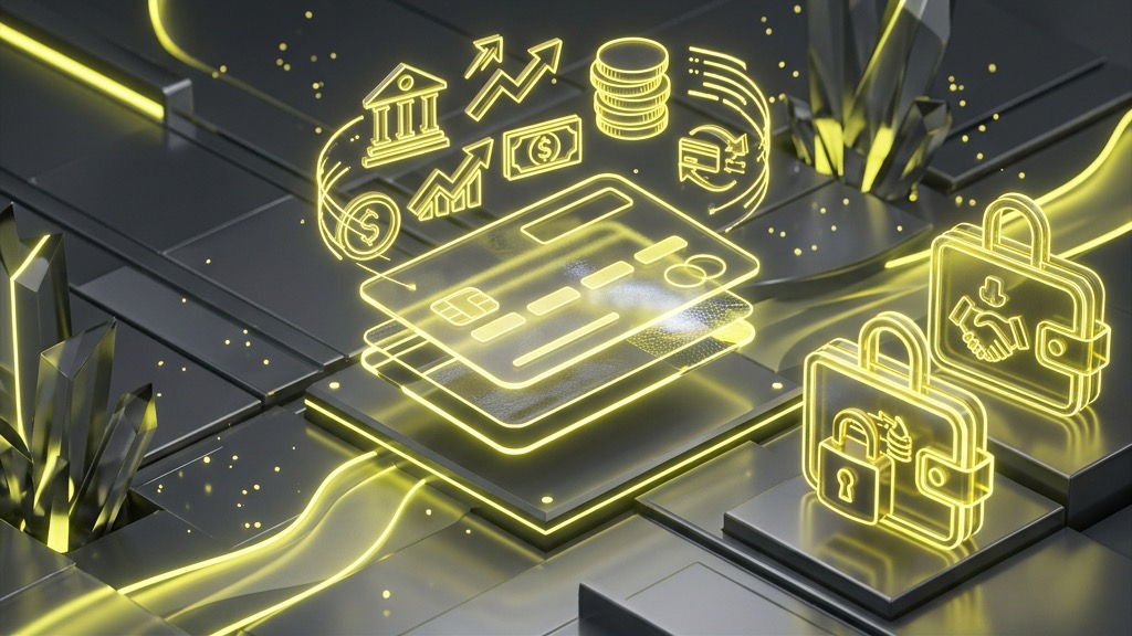 Futuristic graphical overlays representing payment options and wallet configurations.