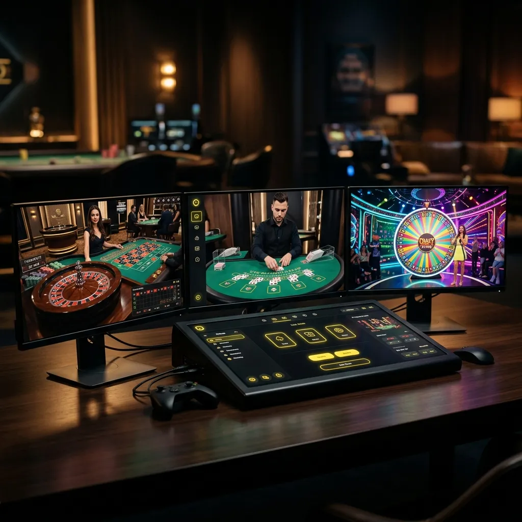 Multi-screen dashboard showing different live streaming casino dealer options