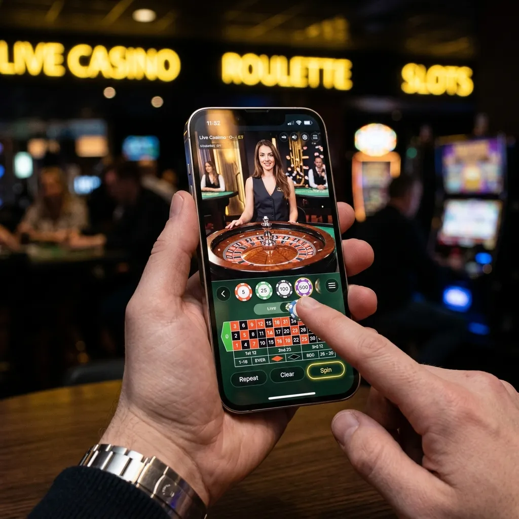 Person holding smartphone playing live roulette with live dealer stream