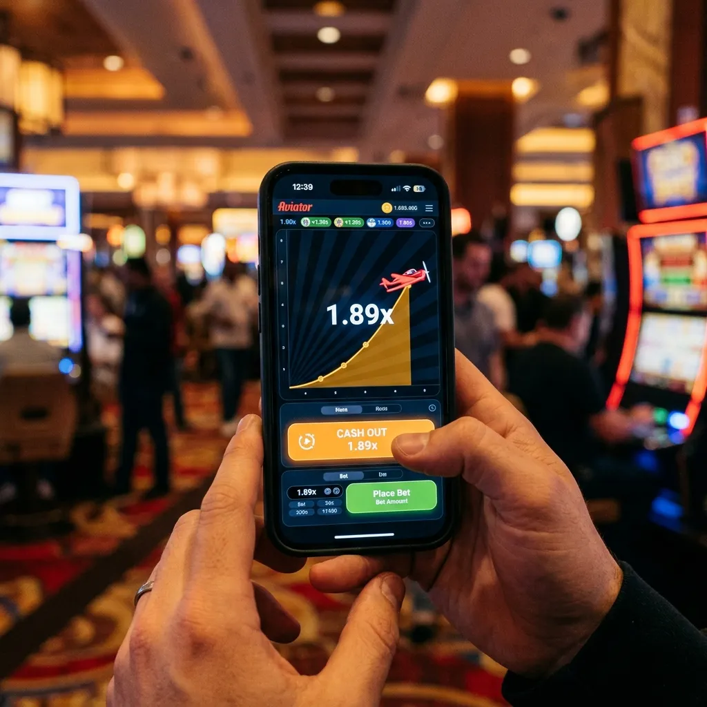 Person playing Aviator crash game on phone with a red plane multiplier layout