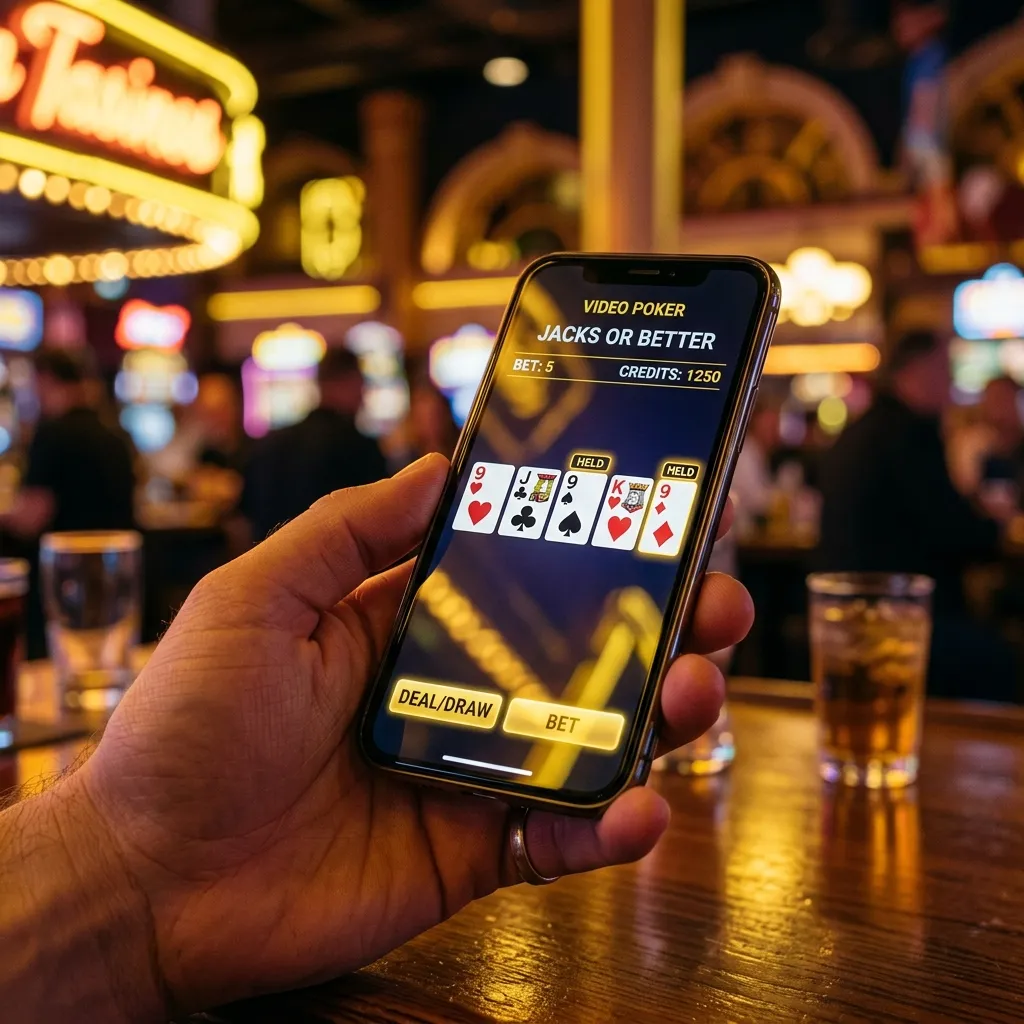 Hand holding mobile phone playing video poker with Jacks or Better interface