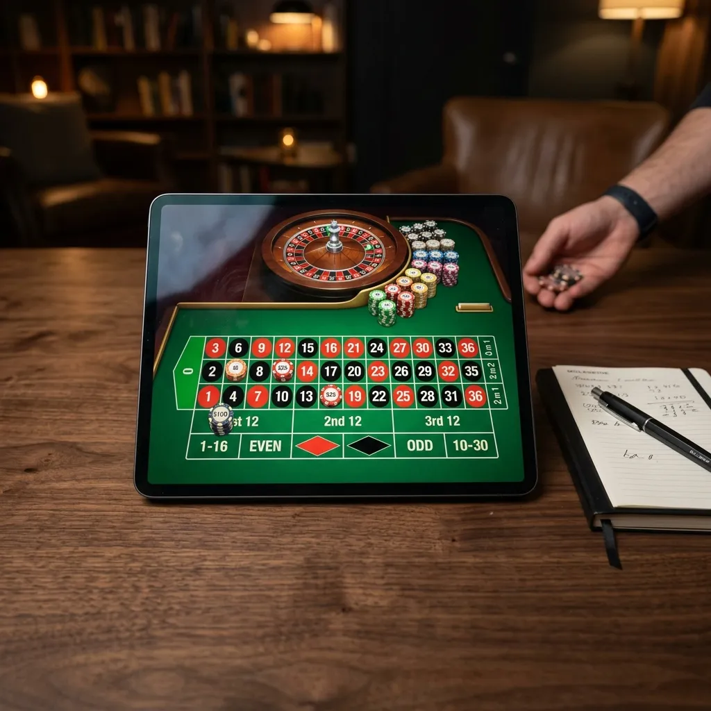 Person using a tablet device to play online roulette at home