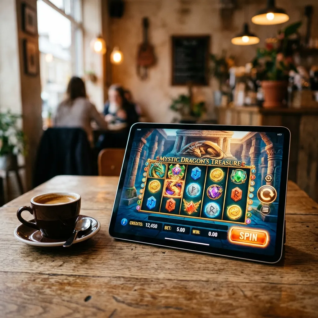 Tablet playing online slots on a table in a cozy cafe setting