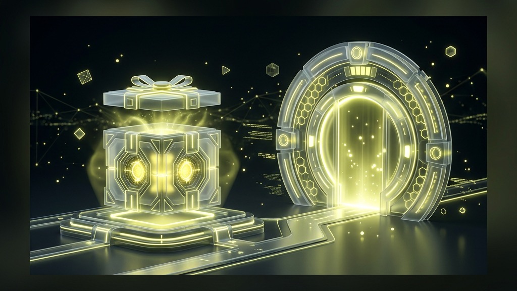 Futuristic digital welcome bonus box and Telegram Daily Drops portal.