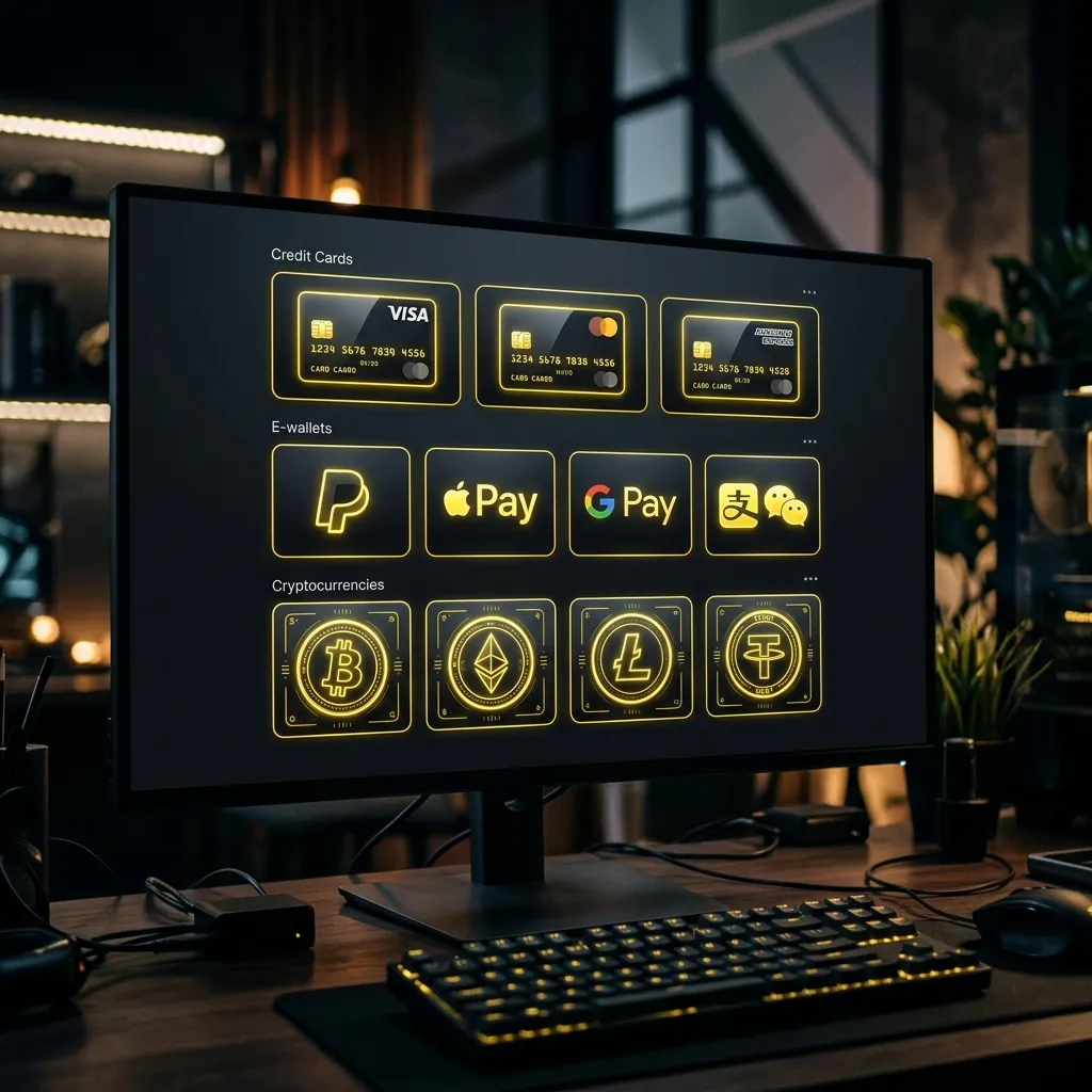 Checkout dashboard showing credit cards, e-wallets and cryptocurrency layout