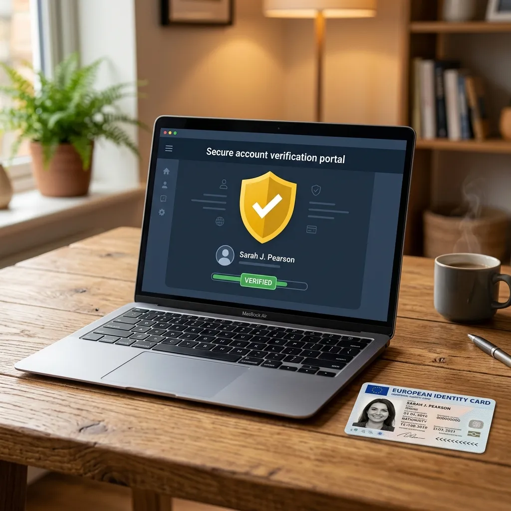Laptop screen displaying secure account verification portal next to an identity card on a desk