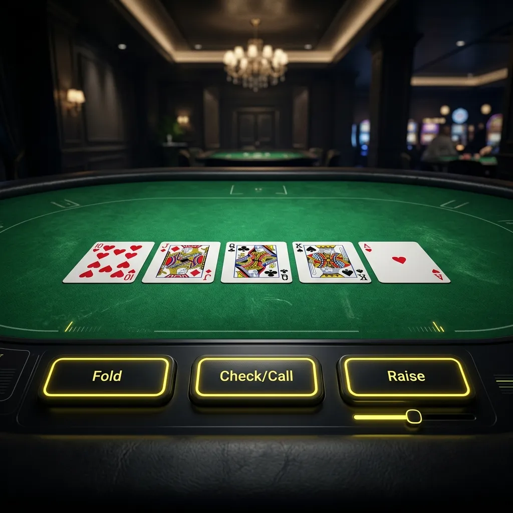 Digital casino poker table showing active cards and betting control options