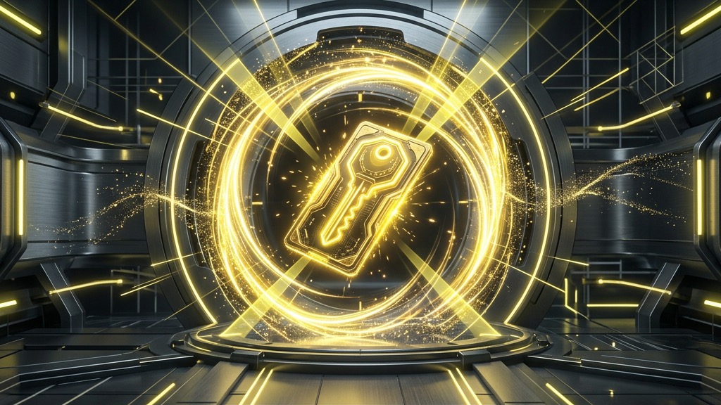 Futuristic digital activation portal with a glowing golden key card.