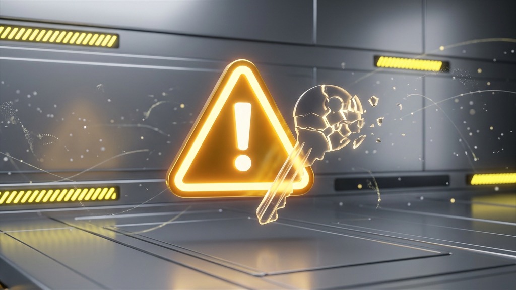A bright yellow glowing warning triangle sign and a deactivated broken key on a dark background.