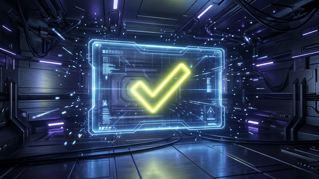 Holographic input field with a bright yellow checkmark on a high-tech terminal.