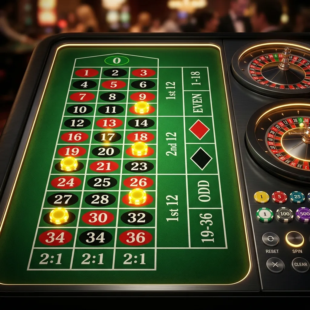 Digital European roulette table layout showing standard betting board and wheel