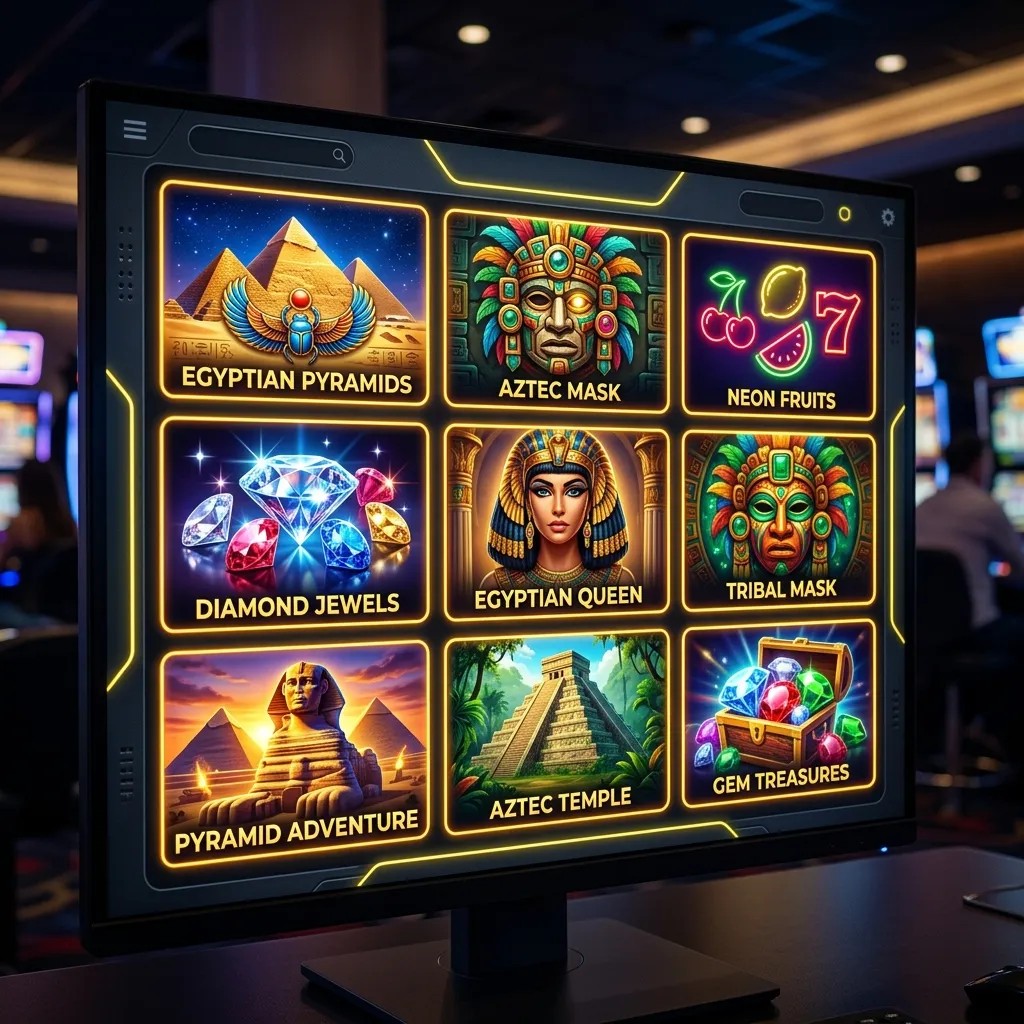 Grid displaying various online slot games with themes on a display screen