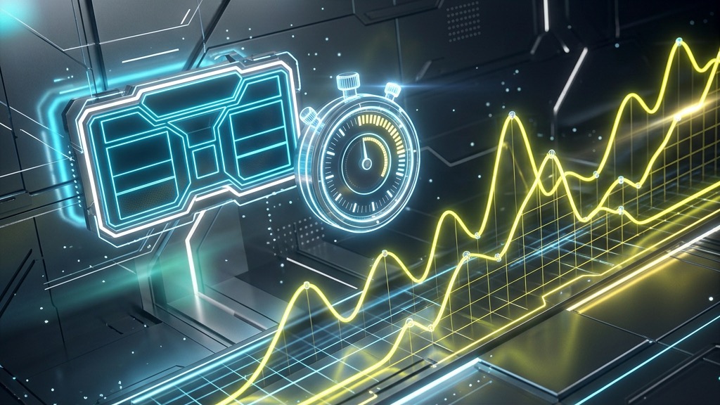 Holographic stopwatch, scoreboard layout, and neon yellow odds line charts.