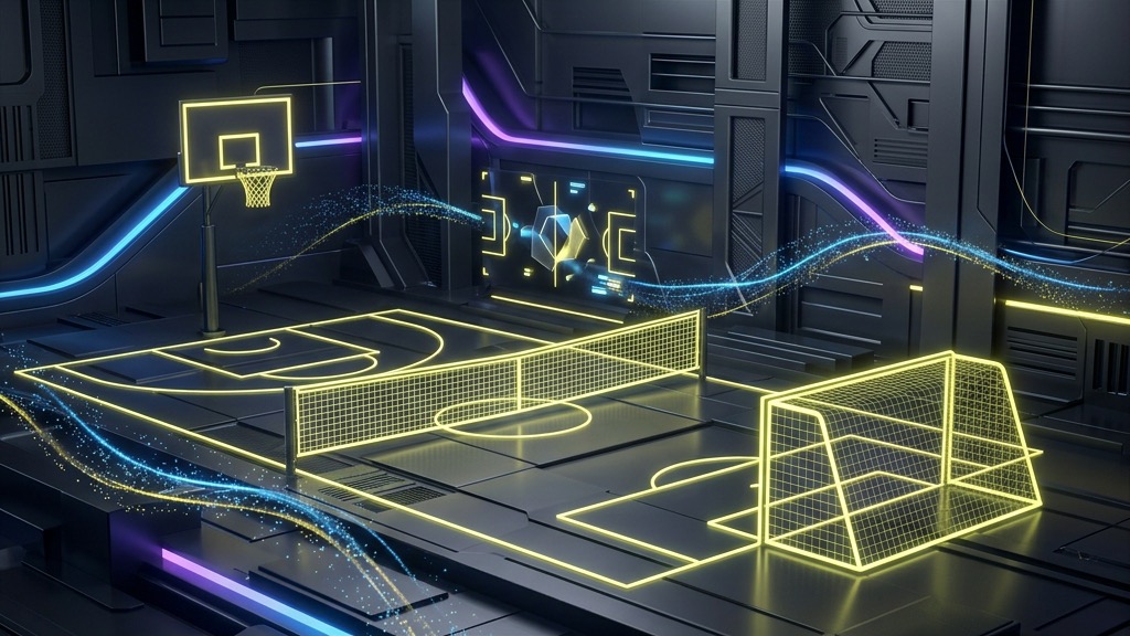 Glowing neon-yellow outlines of basketball hoop, goal posts, and tennis net on a high-tech floor.